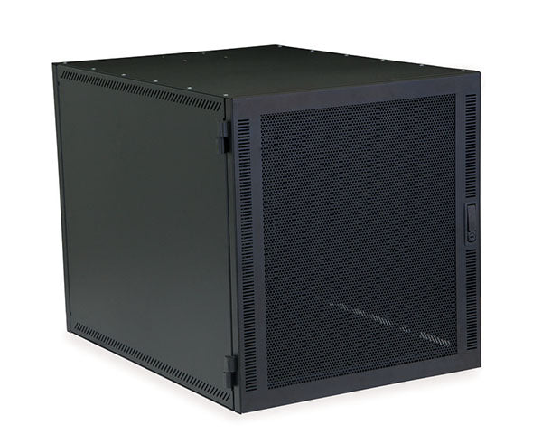A 12U Compact Series SOHO rack in black with ventilated mesh doors