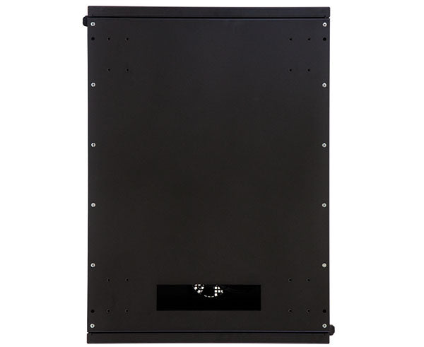 Bottom view of a 12U Compact Series SOHO rack's black panel with metal framework
