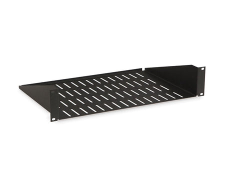 Vented 2U economy rack shelf in black with four mounting holes