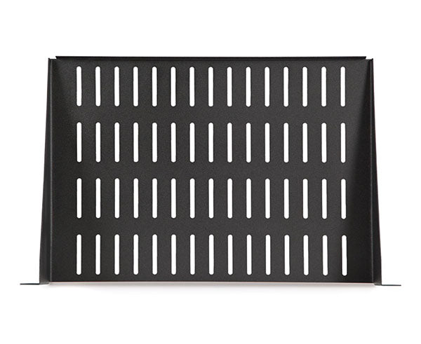 Top view of the black 2U vented rack shelf highlighting the hole pattern