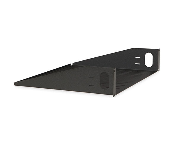 Side view of a black 2U vented rack shelf with central perforation