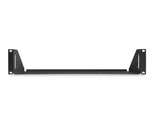 Black 2U vented rack shelf with a sturdy metal frame