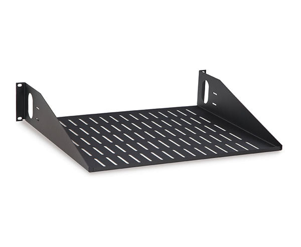Black 2U rack shelf featuring a vented surface for equipment cooling