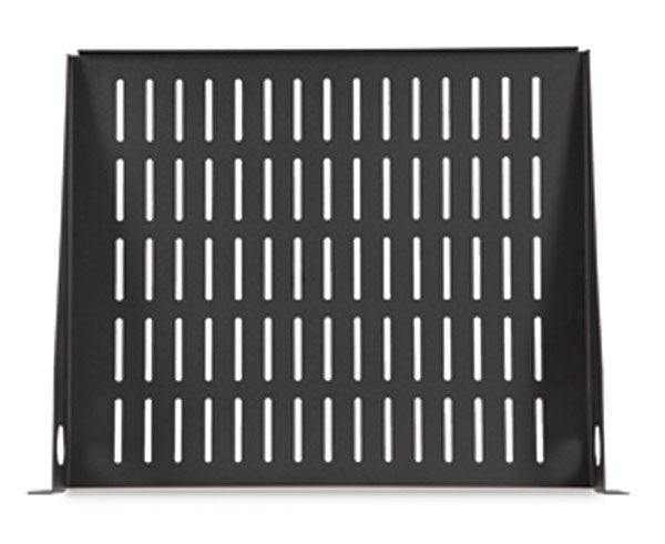 Angled view of a black 2U vented rack shelf with uniform hole pattern