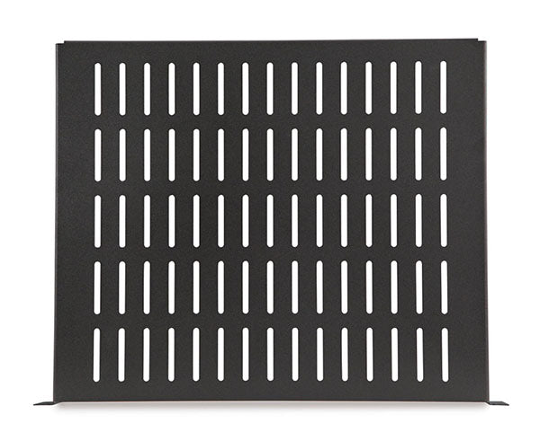 Black metal mounting plate with perforations for 2U rack shelf installation