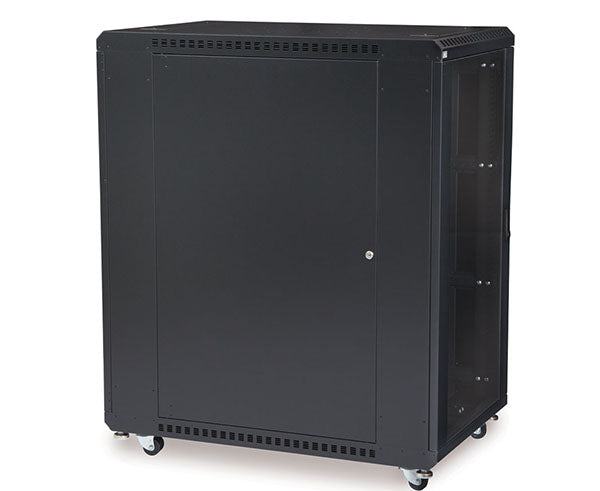 Angled view of the 22U LINIER server cabinet showing both the wheels and doors
