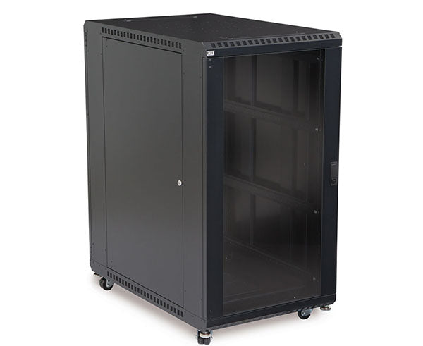 Interior view of the 22U LINIER server cabinet showing glass door and adjustable mounting rails