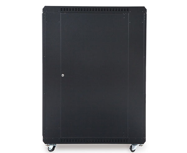 Side view of the 22U LINIER server cabinet with solid doors on casters