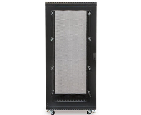 Front view of the 27U LINIER server cabinet with vented door and rolling wheels