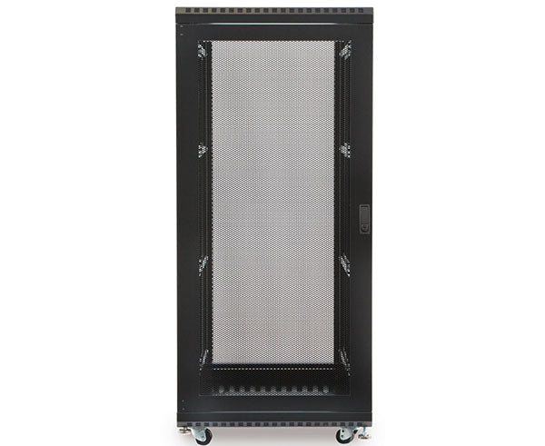 Front view of the 27U LINIER server cabinet with vented door and rolling wheels