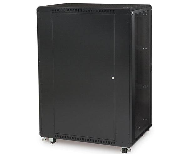 27U LINIER server cabinet with a glass front door and caster wheels for portability