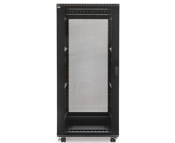 Angled view of the 27U LINIER server cabinet with a vented mesh front door