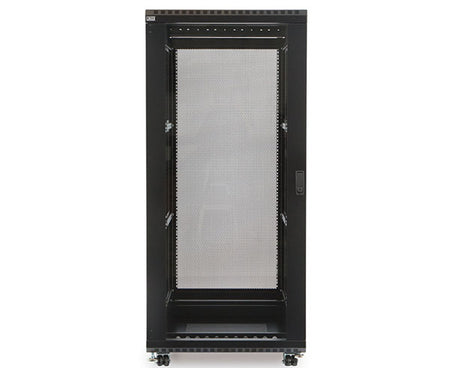 Angled view of the 27U LINIER server cabinet with a vented mesh front door