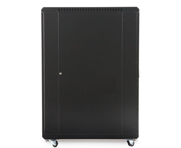 Side view of the 27U LINIER server cabinet on wheels against a white backdrop