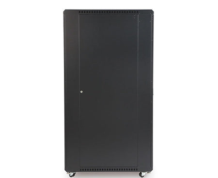 Side view of the 37U LINIER server cabinet with caster wheels on a white background