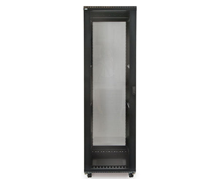 42U LINIER server cabinet featuring a glass front door on casters