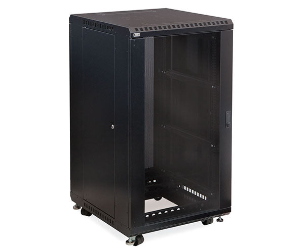 22U LINIER server cabinet with shelving and caster wheels for mobility