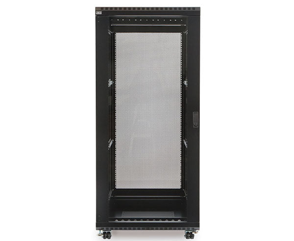 Close-up of the 27U LINIER server cabinet's mesh door for optimal airflow