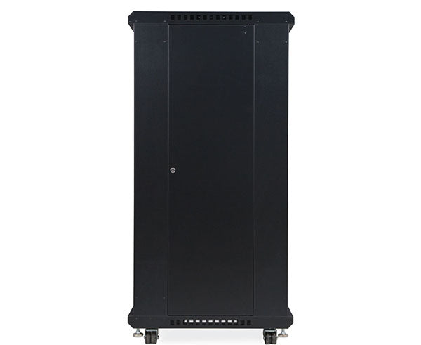 Side view of the 27U LINIER server cabinet featuring glass and vented doors