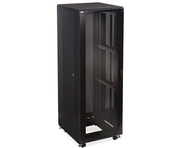 Interior view of the 37U LINIER server cabinet with open door displaying rack mounts