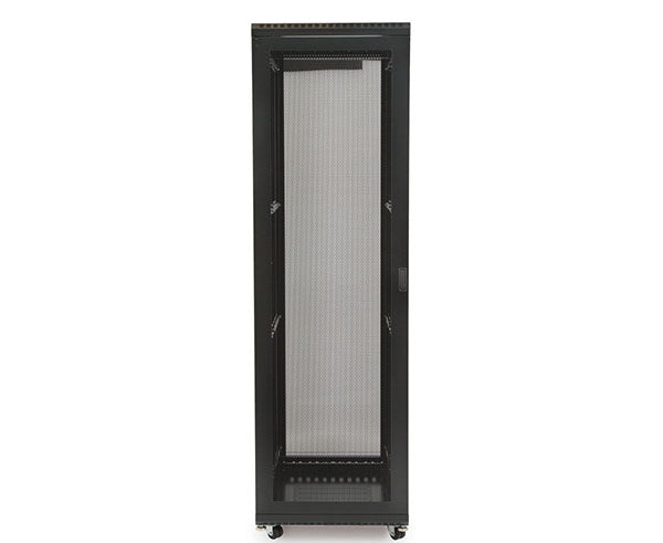 42U LINIER server cabinet with a glass front door and wheels for mobility, 24-inch depth