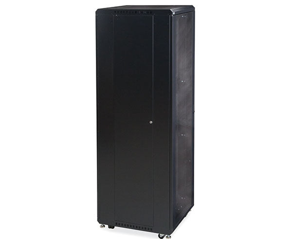 Angled view of the 42U LINIER server cabinet with wheels and a vented rear door for airflow