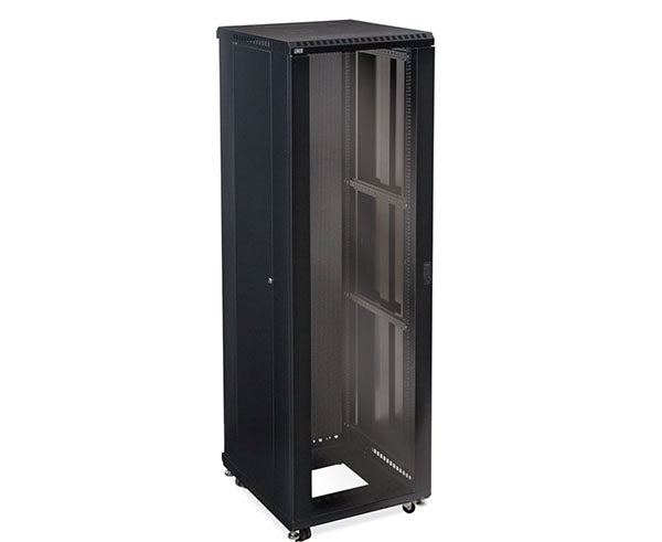 Frontal view of the 42U LINIER server cabinet featuring casters and a locking glass door
