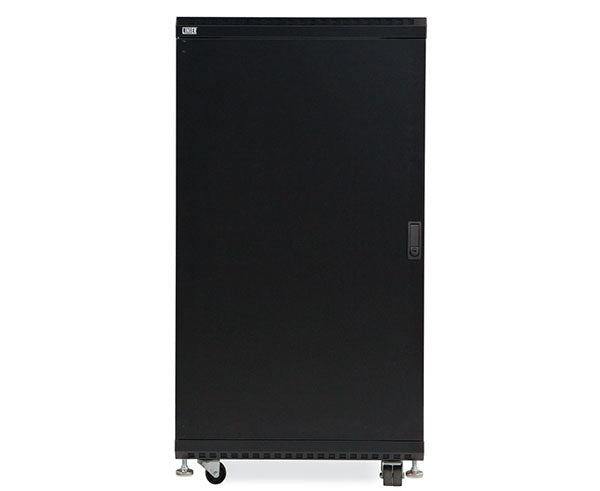 Angled view of the 22U LINIER server cabinet showcasing solid door and wheels
