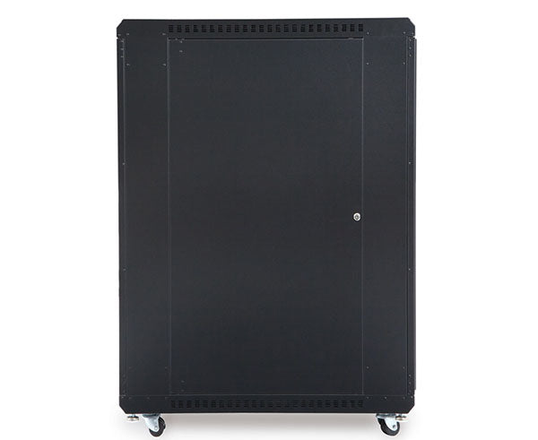 Side view of the 22U LINIER server cabinet with caster wheels for mobility