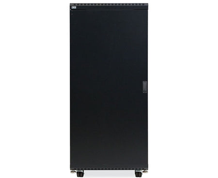 Side angle of the 27U LINIER Server Cabinet with solid door and mobility wheels