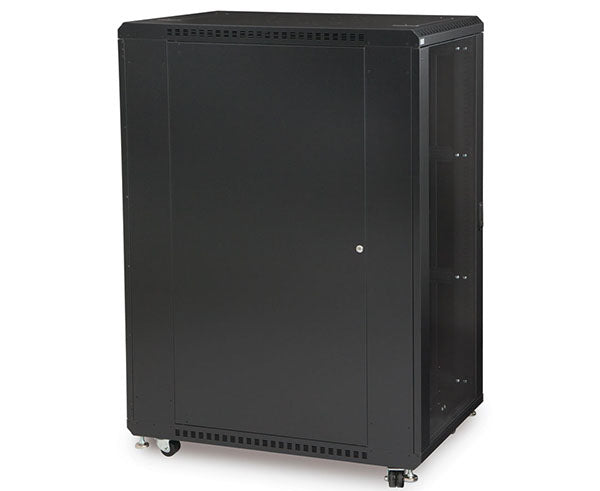 Front view of the 27U LINIER Server Cabinet with glass doors and caster wheels