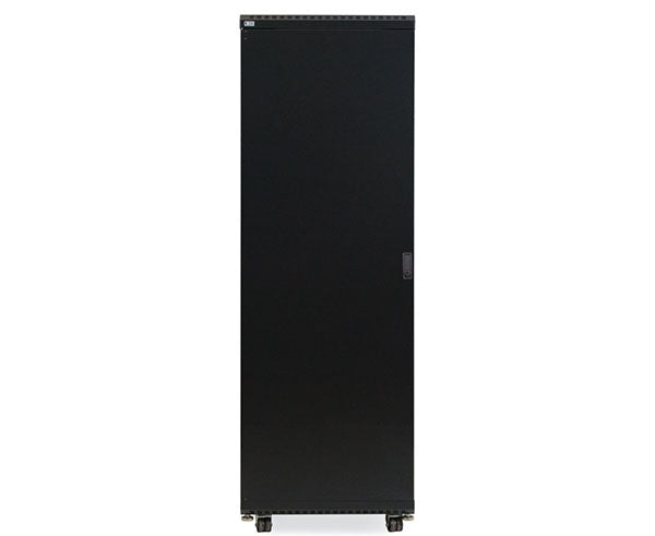 Side view of the 37U LINIER server cabinet with a solid rear door and casters