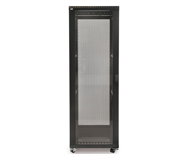 Interior view of the 37U LINIER server cabinet with a glass door open