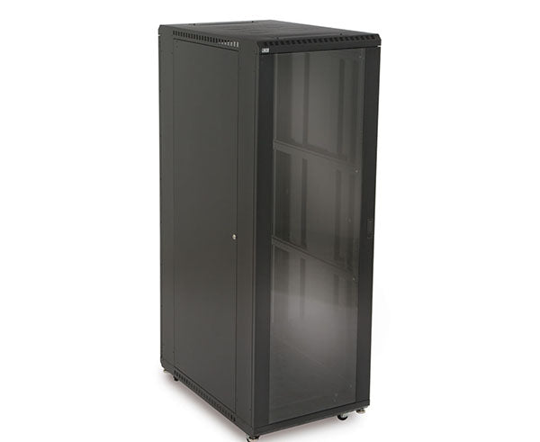Angled view of the 37U LINIER server rack with transparent glass doors