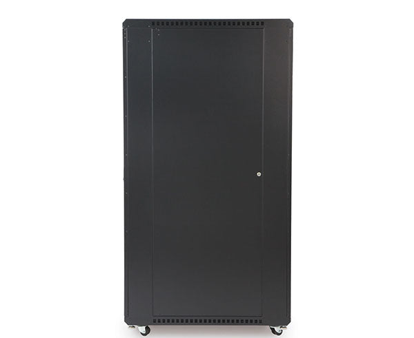 Isolated view of the 37U LINIER server cabinet with casters on a pure white background