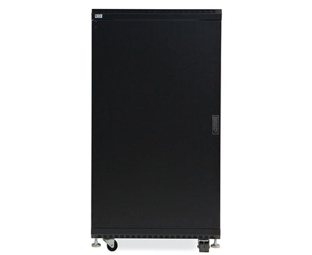 Rear profile of the 22U LINIER black server cabinet on wheels against a white backdrop