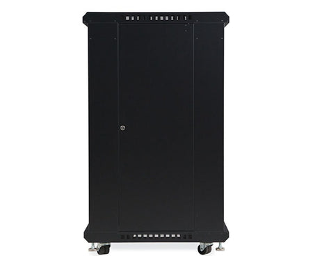 Angled view of the 22U LINIER server cabinet showcasing the door's sturdy metal construction