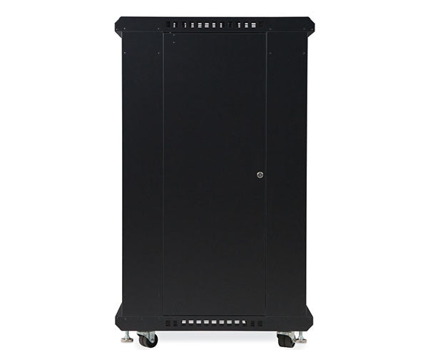 Close-up of the 22U LINIER server cabinet's locking wheels for easy mobility and stability