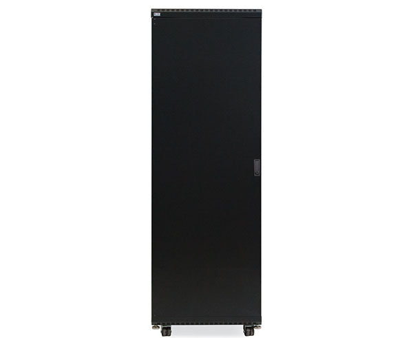 Angled view of the 37U LINIER server cabinet with doors closed and wheels attached