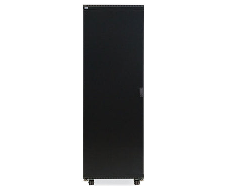 Angled view of the 37U LINIER server cabinet with doors closed and wheels attached