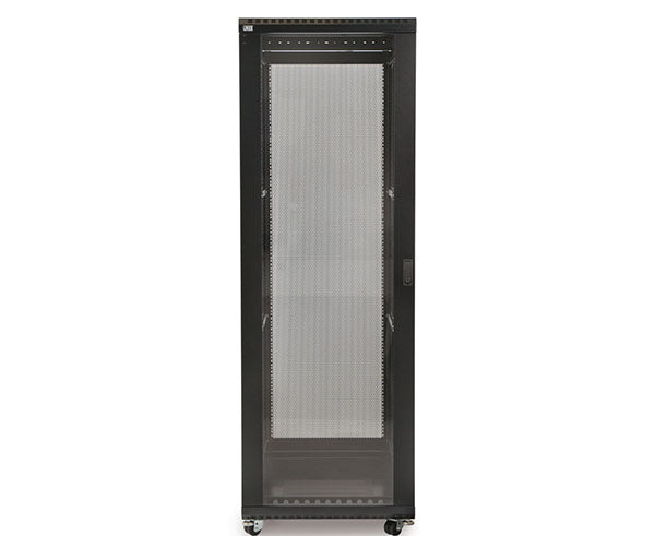 Close-up of the glass door on the 37U LINIER server cabinet showcasing the lock mechanism