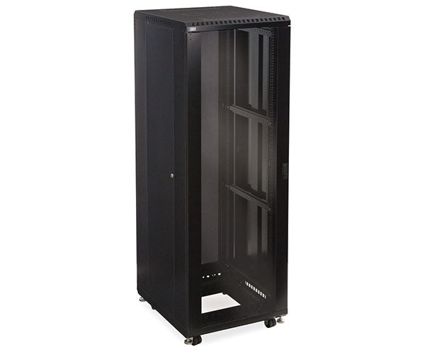 Interior view of the 37U LINIER server cabinet with the door open, showing rack mounts