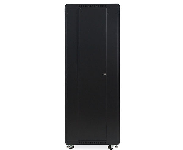 Side view of the 37U LINIER server cabinet with solid side panel and caster wheels