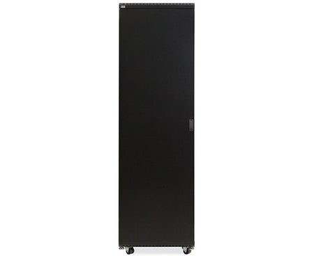 Front view of the 42U LINIER server cabinet with solid door and wheels