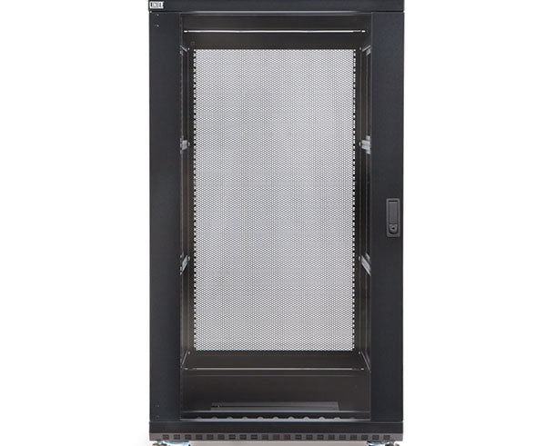 Frontal view of the 22U LINIER server cabinet featuring a glass door