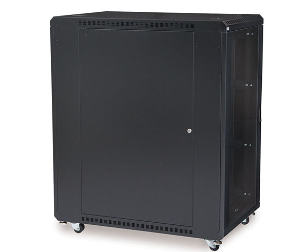 22U LINIER server cabinet with glass doors and casters, front view