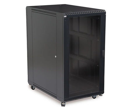 Angled view of the 22U LINIER server cabinet showcasing glass doors and mobility features