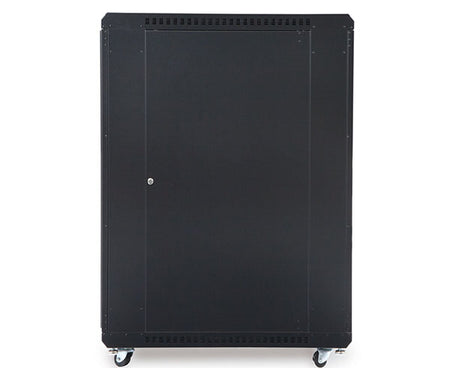 Side view of the 22U LINIER server cabinet with wheels, isolated on white