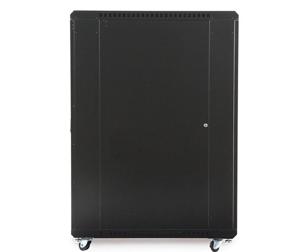 Side view of the 27U LINIER server cabinet on wheels with a white background