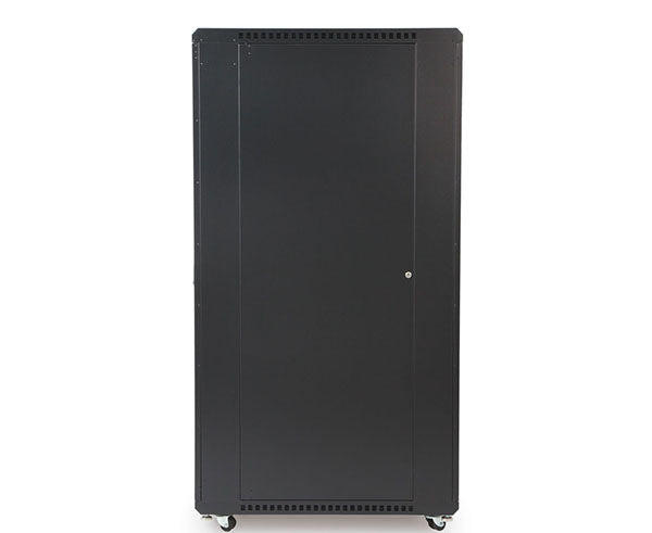 37U LINIER server cabinet with glass doors and caster wheels isolated on white